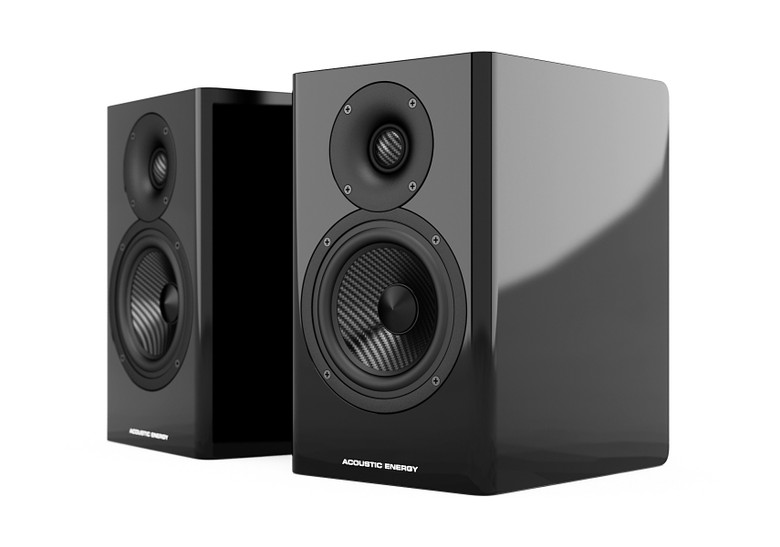 Pair of Acoustic Energy AE500 Bookshelf Speakers (Piano Gloss Black) angled view