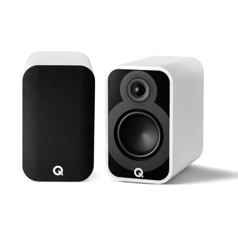 Q Acoustics 5010 Bookshelf Speakers Satin White (Pair) — front pair view (grille on/off)
