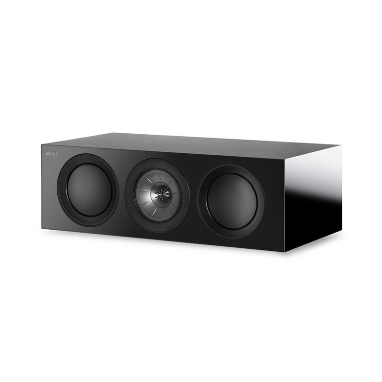 KEF R2c Centre Channel Speaker in Gloss Black — front three-quarter view showing Uni-Q driver and twin bass drivers