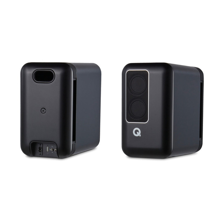 Q Acoustics Q Active 200 Bookshelf Speakers Black — pair, front and rear view