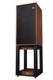 Wharfedale Linton Standmount Speakers Walnut (Pair) — three-quarter angle on stand (grille on)