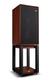 Wharfedale Linton Standmount Speakers Mahogany Red (Pair) — three-quarter angle on stand (grille on)