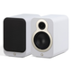 Q Acoustics 3020C Bookshelf Speakers Arctic White — pair view with grille on and off