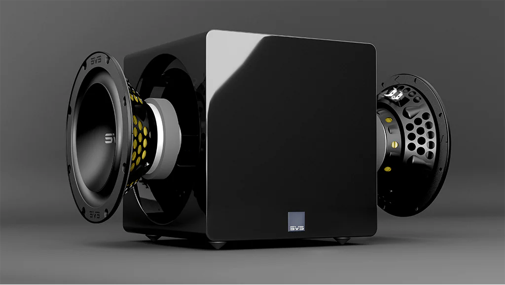 QuantumAV SVS 3000 Micro Subwoofer in Gloss Black, featuring dual opposing 8-inch drivers. Includes Free Delivery.