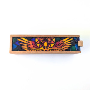 Dice vault with glass painted acrylic lid - Sarenrae design Dice vault with glass painted acrylic lid - Sarenrae design