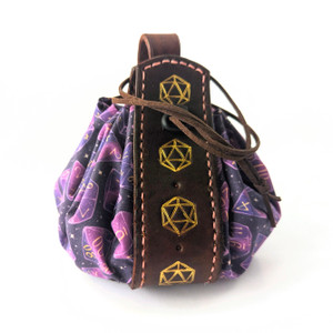 Leather and fabric dice pouch with a purple dice design Leather and fabric dice pouch with a purple dice design
