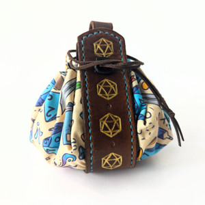 Leather and fabric dice pouch with a blue on cream dice design Leather and fabric dice pouch with a blue on cream dice design
