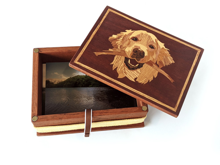 Marquetry inlay photo box featuring a golden retriever portrait