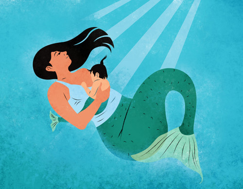 Illustration of a breastfeeding mermaid