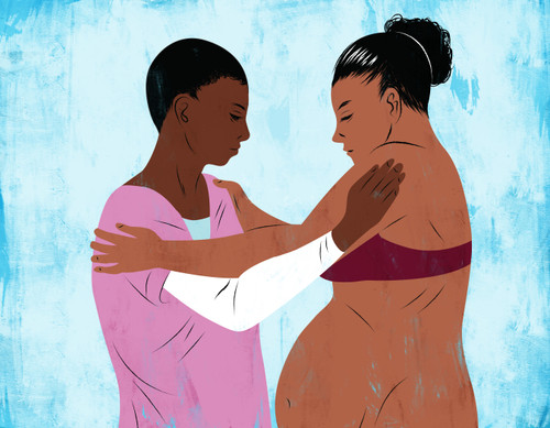 Illustration of a Midwife helping a mother in labor
