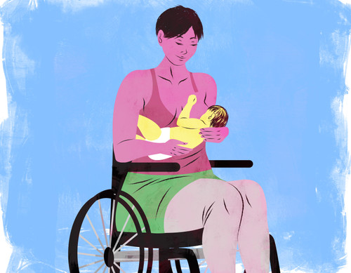 Illustration of a mother breastfeeding in a wheelchair