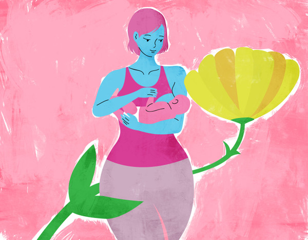 Illustration of a breastfeeding mother and flower.