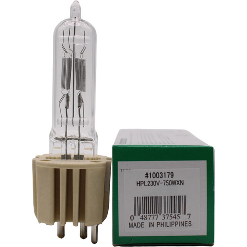 Ushio HPL 750W 230X+ stage lamp with 1500-hour lifespan, model 1003179.