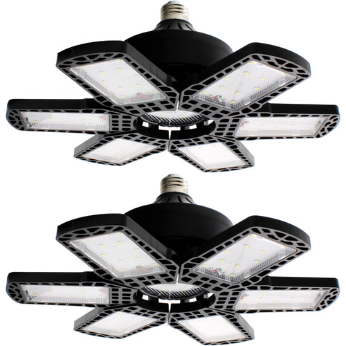 Jaspertronics™ 2 Pack LED Adjustable 6 Leaf Garage Light, 200W 8000 Lumen 6500K - Deformable 6+1 Panels, E26/E27 Screw-In Ceiling Lights for Shop, Garage, Workshop, Basement, Barn, & More