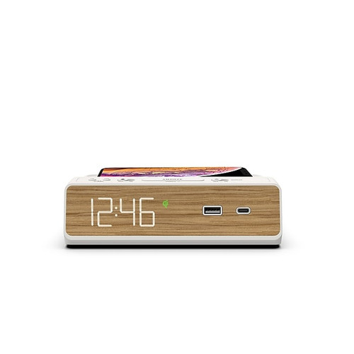 NonStop Station W 6.5" Digital Alarm Clock w/ 10W Qi Wireless Charging, USB‑C + USB‑A, Warm Walnut - NSW2‑WW