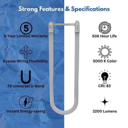 Ushio 3000733 Ubiquity LED T8 Universal U-Bend 24in 13W 5000K G13 Medium BiPin Type A Ballast Compatible or Type B Bypass 120-277V