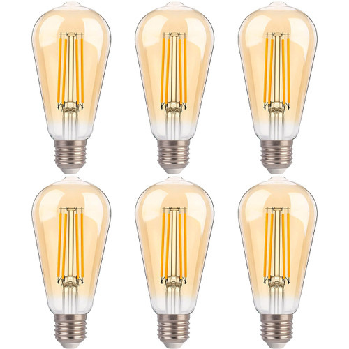 Jaspertronics™ ST19 LED Edison Bulbs - 2200K Warm White, Amber Glass, 4W (40W Equivalent), Dimmable, CRI90+, 400LM, E26 Base, Energy-Efficient Vintage Light for Pendant Fixtures & Indoor Use - 6 Pack