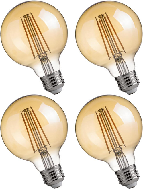 Jaspertronics™ G25 LED Edison Light Bulbs - 2200K Warm White, Dimmable, 4W (40W Equivalent), 350LM, E26 Base, Amber Glass, CRI90, Energy-Efficient Accent Lighting for Indoor Use - 4 Pack