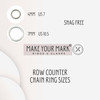Image showing two snag-free chain ring sizes for row counters: 4mm ring fitting US 7 needles, and 7mm ring fitting US 10.5 needles, with “Make Your Mark Rings & Clasps”