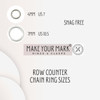 Image showing two snag-free chain ring sizes for row counters: 4mm ring fitting US 7 needles, and 7mm ring fitting US 10.5 needles, with “Make Your Mark Rings & Clasps” and the Atomic Knitting logo displayed, on a neutral background.