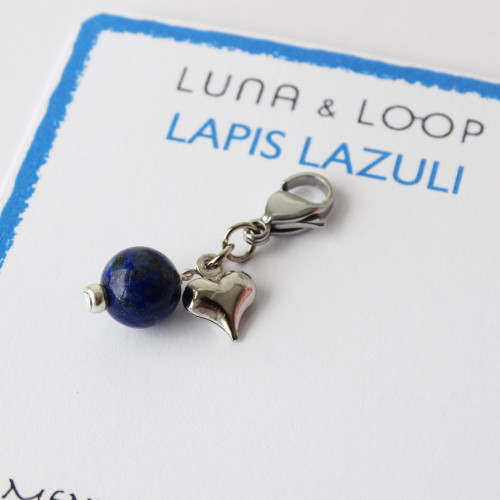 Lapis Lazuli Gemstone & Silver Heart Progress marker Clip On Bag Charm | Atomic Knitting