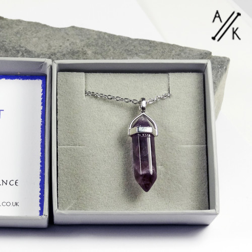 Natural Amethyst Pendant Necklace Point Gemstone Hexagon Cut Healing Layering Stainless Steel With Gift Box