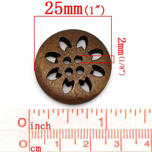 Round wooden 4 hole Button - Snowflake - 25mm x 1