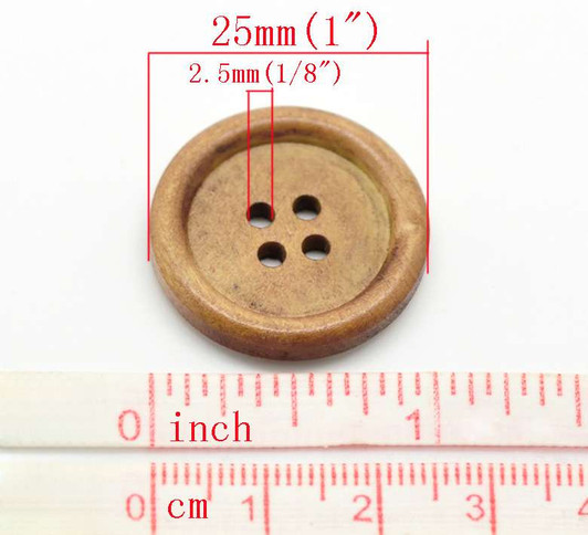 Light coffee colour Round wooden 4 hole Button - 25mm x 1