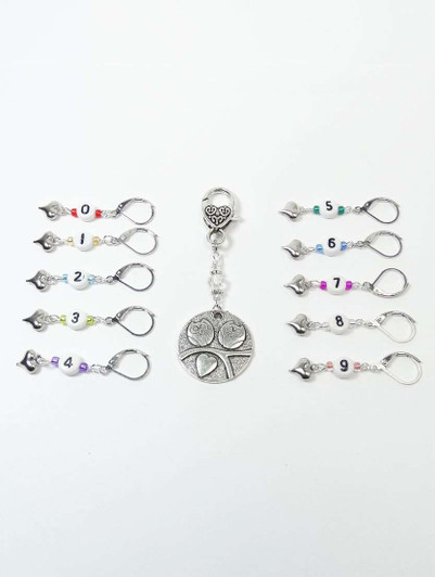 Tiny Hearts Numbered Counting Stitch Markers set of 10 with LoveBird holder