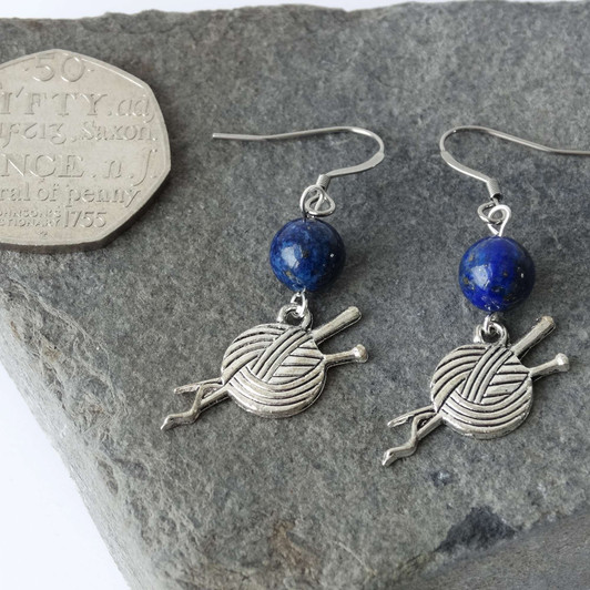 Lapis Lazuli Gemstone & Silver Yarn Dangle Drop Earrings