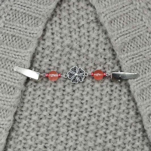 Cherry Quartz & Silver Flower Beaded Shawl/Cardigan Holder Clip Fastener