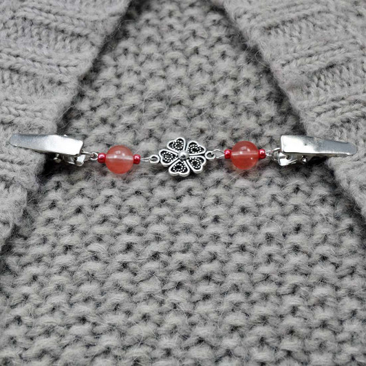 Cherry Quartz & Silver Flower Beaded Shawl/Cardigan Holder Clip Fastener