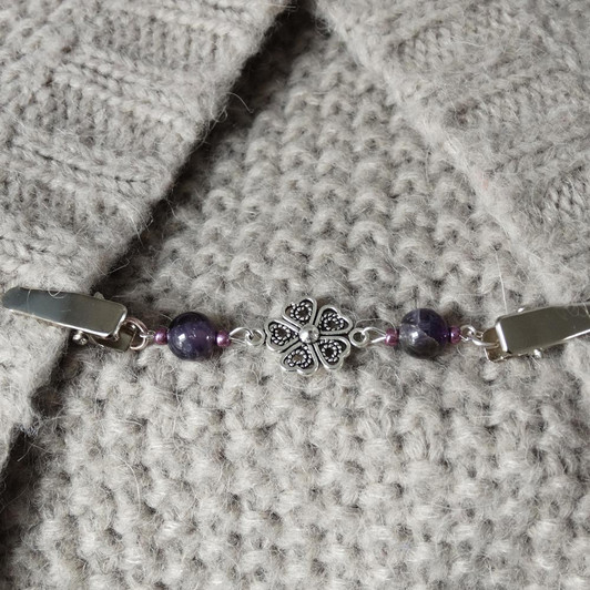 Amethyst & Silver Flower Beaded Shawl/Cardigan Holder Clip Fastener Gemstone jewellery for scarves and shawls