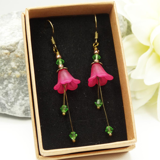Peridot & Pink Woodland Floral Flower Dangle Drop Earrings