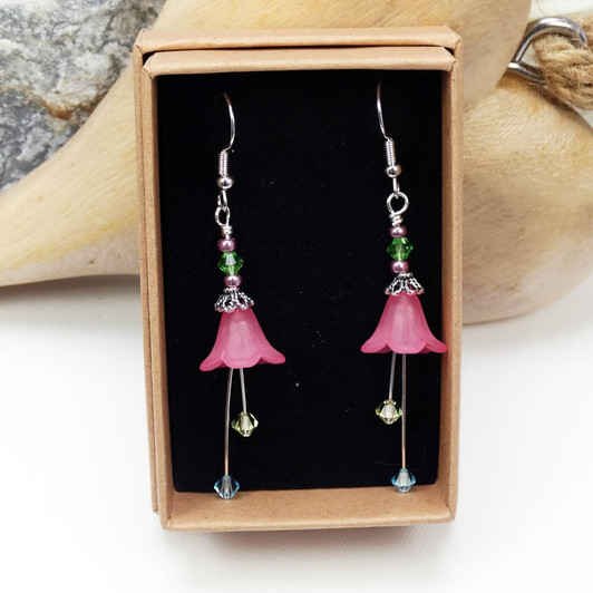 Sapphire, Jonquil, Peridot & Pink Woodland Floral Flower Dangle Drop Earrings