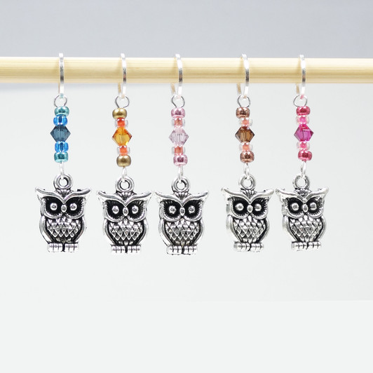 Stitch Markers Antiqued Silver Owl with crystal beads - MYM set of 5 | Atomic Knitting