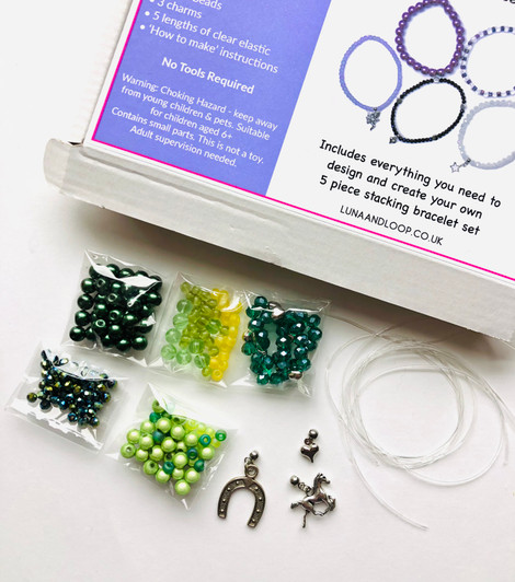 Green - Horses - Beaded Bracelet Making Kit - 5 Stacking Bracelets (Age 6+)