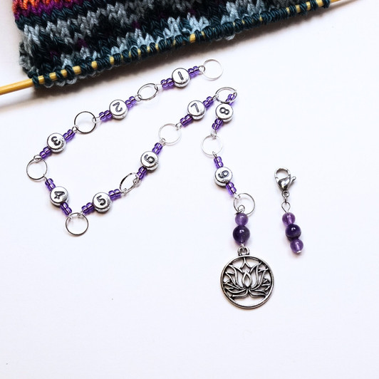 Row Counter - Amethyst & Lotus Flower Numbered 99 Row Chain Counter for Knitting- SIZE 4mm OR 7mm | Atomic Knitting
