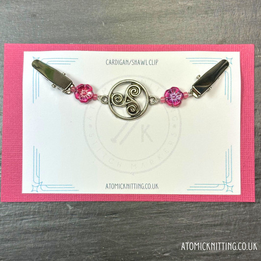 Deep Pink Flower & Celtic Cardigan Shawl Clip Pin Fastener