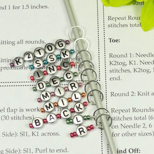Metallics - Instructional Knitting Abbreviation Stitch Markers - Black on Silver - Choose rings or clasps |k2tog ssk inc dec