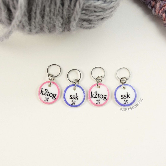 Pink & Purple Instructional Stitch Markers - ssk & k2tog - set of 4