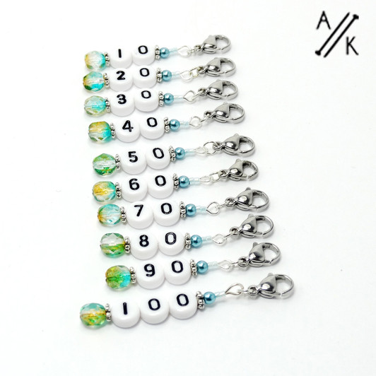 Cerulean Pearl Numbered Counting Stitch Markers 10-100 (set of 10)