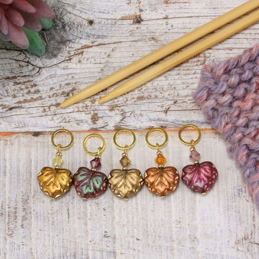 Metallics Maple Leaf Knitting Crochet Stitch Markers- set of 5