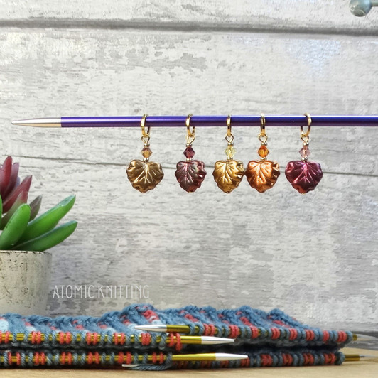 Metallics Maple Leaf Knitting Crochet Stitch Markers- set of 5