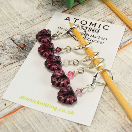 Raspberry Maple Leaf Knitting Crochet Stitch Markers- set of 5