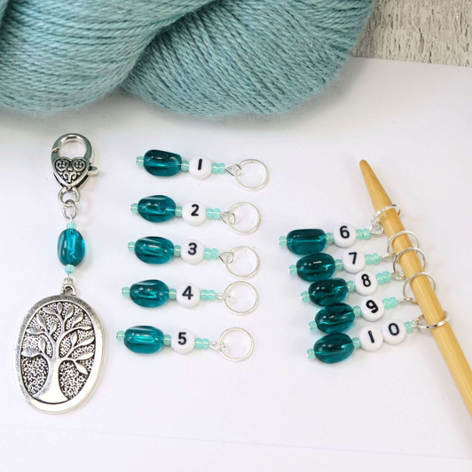 New! Teal Number Stitch Markers set of 10 with Tree of Life holder