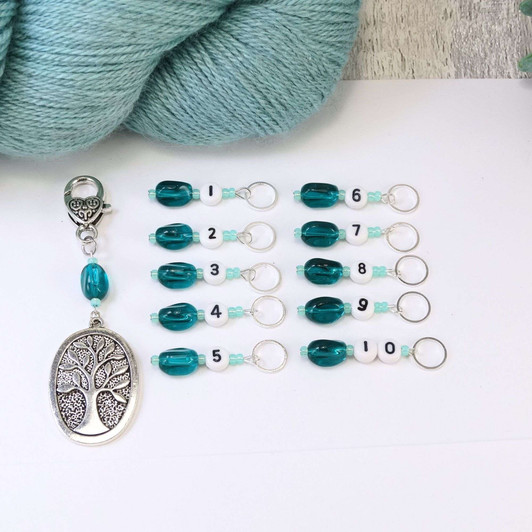 New! Teal Number Stitch Markers set of 10 with Tree of Life holder