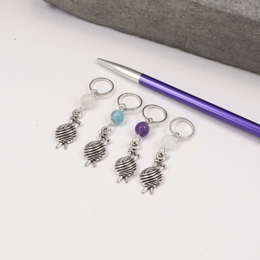 Mixed Gemstone & Yarn Charm Stitch Marker Set of 4