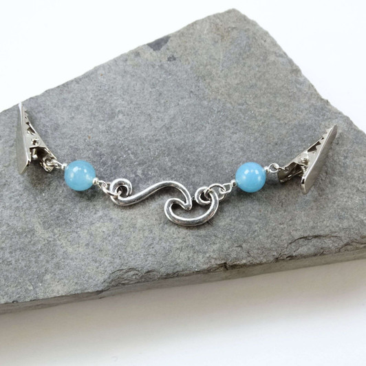 New! Blue Quartz & Silver Wave Beaded Cardigan Clip Sweater Fastener