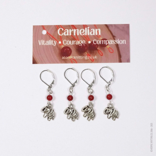 New! Red Carnelian Gemstone & Silver Elephant Stitch Markers Set of 4 | Vitality, Courage, Compassion